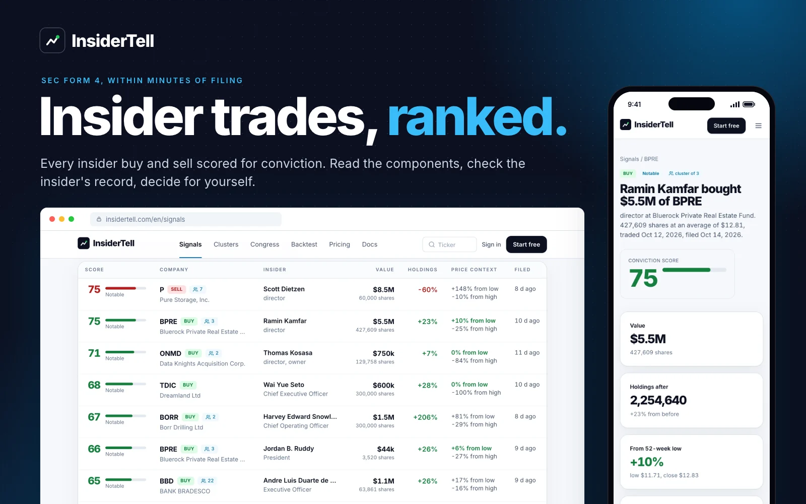 InsiderTell, the ranked feed of SEC Form 4 insider trades on desktop and a director's buy with its conviction score on a phone, captured from the live site