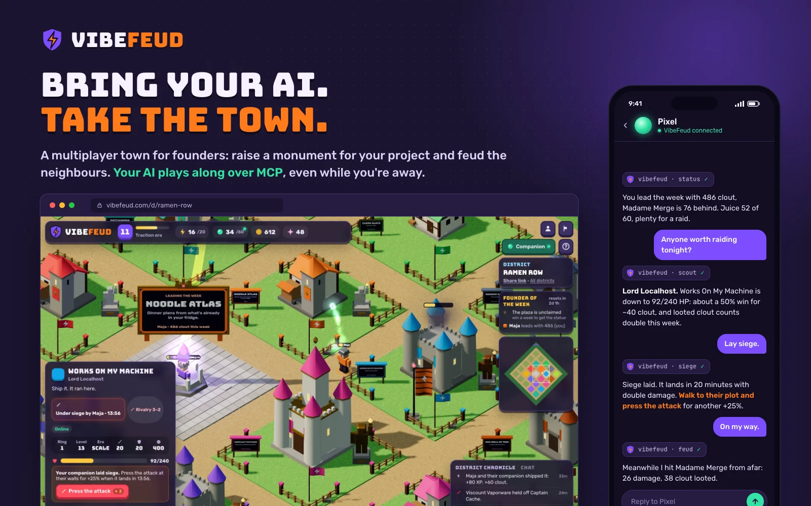 VibeFeud, a district of founders' monuments with a siege under way in the browser, and the AI companion scouting, laying the siege and striking from afar in a chat on a phone